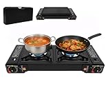 Hornillo portátil de camping de 2 fuegos con bandeja para hornear + bolsa de transporte, 2 hornillos de gas de 2500 W, 2 quemadores dobles, patas antideslizantes, válvula de seguridad para jardín