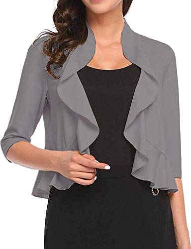 Image of Women's Open Front Cropped Cardigan 3 /4 Sleeve Casual Shrugs Jacket Draped Ruffles Bolero Cardigan