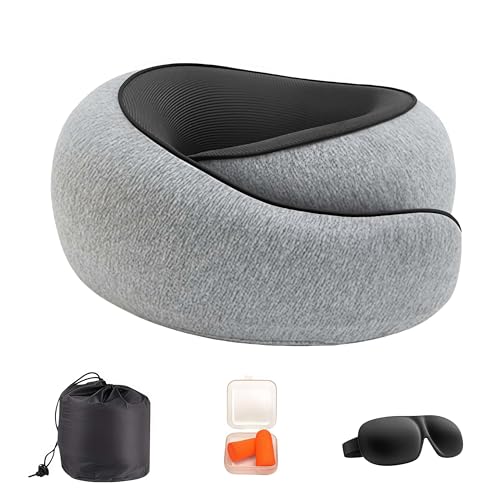 Nomadike NOMAREST | Memory Foam Travel Pillow – mousse mémoire haute densité lavable et compact – Idéal pour vos déplacements et vacances. (Gris,Oreiller + masque de sommeil + bouchons d'oreilles)