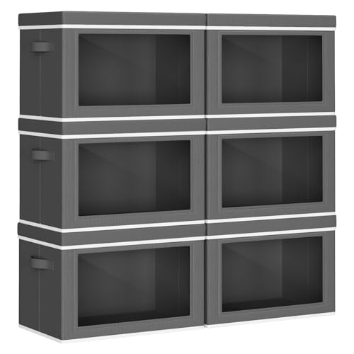 Image of Homsorout Collapsible Storage Bins with Lids - Stackable Storage Containers with Window, 6 Pack Fabric Cube Bins for Closet, Home & Office Organization Baskets, Dark Gray, 14.9 inch x 9.8 inch x 9.8 inch