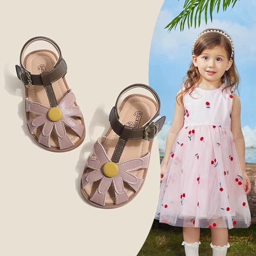 Toddlers Little Girls T-Strap Hook&Loop Dress Flower Summer Shoes Closed Toe Wedding Sandals2