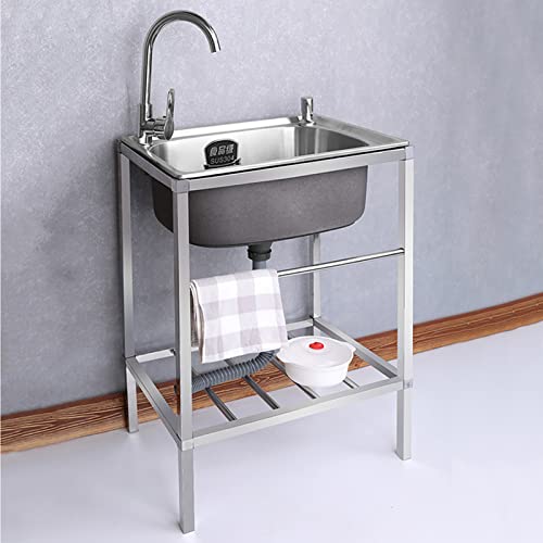 Stainless Steel Utility Sink Free Standing Single Bowl Commercial Restaurant Kitchen Prep Cleaning Washing Station Hand Basin Sink w/Storage Shelve Laundry tub for Indoor Outdoor Garage Backyard (Co