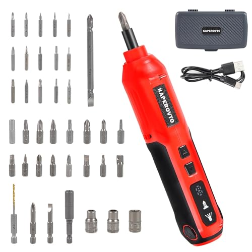KAPEROVTO Electric Screwdriver Kit, Screwdriver 5 Torque Settings, Cordless electric screwdriver with LED work light, 36 screwdriver bits, 3 sockets, Magnetic Chuck,Color box tool storage set