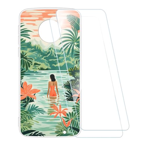 ESACMOT Printed Case + 2 Pack Screen Protectors Compatible with Motorola Moto G6 Plus 2018, Shockproof Pattern Soft Cover and HD Clear Tempered Glass Film (Swimming Women)