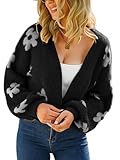 ECOWISH Women Floral Cropped Cardigan: Fall Long Sleeve Open Front Fuzzy Daisy Print Knit Sweaters Casual Y2k Outerwear Black