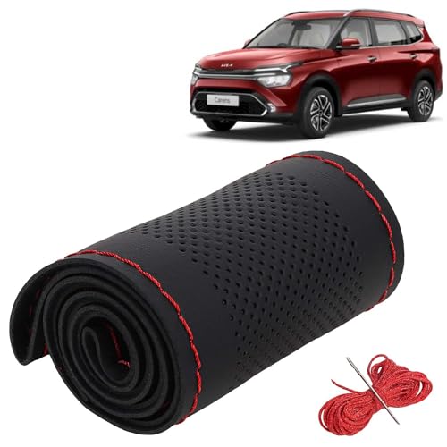 Image of KINGSWAY PU Leatherite Car Steering Cover Sewable Compatible with Kia Carens (Year 2022 Onwards), Black Color with Red Thread, Pack of 1 with Sewing Needle and Thread