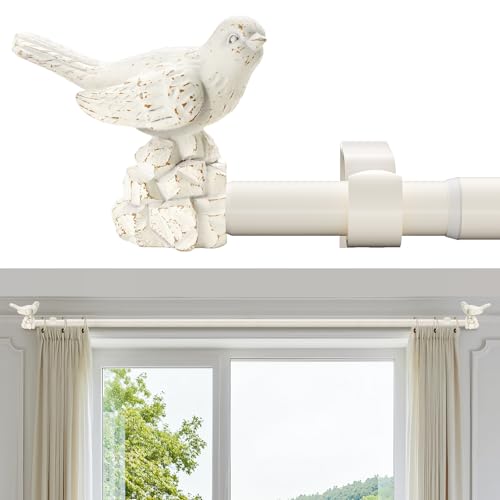 KVEEO White Curtain Rod 18 to 45 Inches Curtain Rods for Windows Adjustable Heavy Duty Drapery Rod with Bird Finials for Kitchen Window Living Room