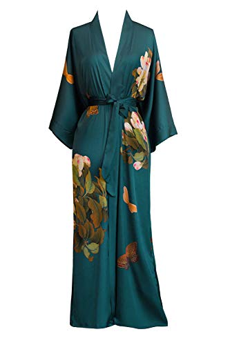 Women's Charmeuse Kimono Robe Long - Watercolor Floral - Peony & Butterfly- Vintage Teal (Blue), Charmeuse Kimono Robes for Women with Floral Designs, 54 inches in Length, One Size Fits Most.