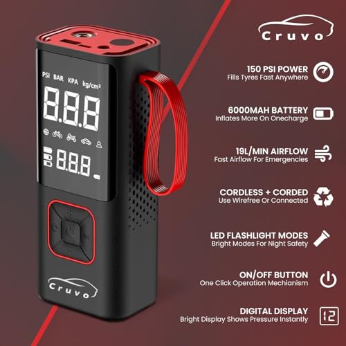Image of Airbank CR01 Portable Tyre Inflator 150 PSI, 6000mAh Cordless & Corded Air Pump with Digital Display, LED Light - (Black & Red)