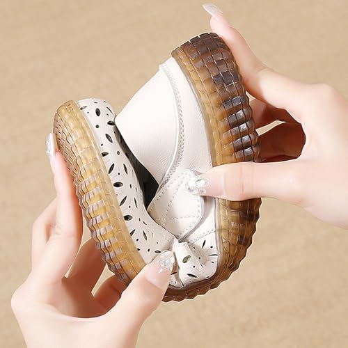 Women's Leather Vintage Hollow Flat Mary Jane Shoes Ankle Strap Closed Round Toe Breathable Mother Nurse work Shoes Comfortable Casual Walking Shoes3