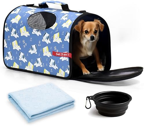 Transportin Perro de Tela Pequeño Mediano Plegable Bolsa Mochila Transportín Gato Grande Bolso Conejo Mascotas – Set con Plato y Manta Viaje