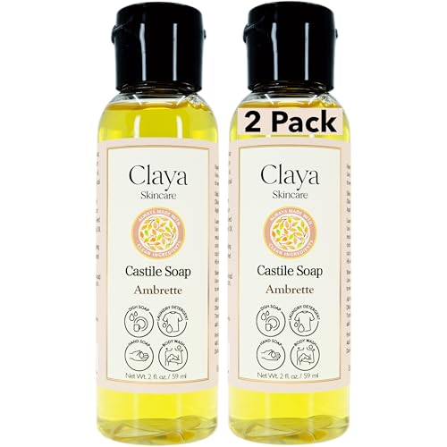 Image of Claya Ambrette Liquid Castile Soap - Organic Ingredients, Biodegradable, Gentle for Sensitive Skin, Versatile Use and Travel Size (2 Pack of 2 fl oz)