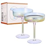 Iridescent Coupe Glasses, Martini, Champagne Cocktails, Vintage Art Deco | Set of 2 | 7.1 oz Stemmed Classic Manhattan Glasses For Speakeasy, Cocktail, Margarita, Ripple Coupes, Gatsby, Crystal Stems