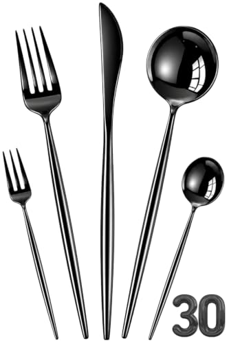 Image of Slim Handle Black 30 Pcs Stainless Steel Cutlery Set for Dining Table, Dishwasher Safe Glossy Flatware (6 Spoon Set+6 Forks Set+6 Butter Knife+6 Dessert Spoon+ 6 Fruit Fork)