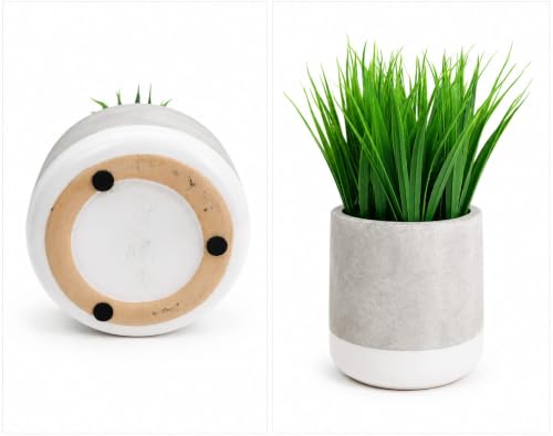 Image of Artificial Grass Plant in Ceramic Pot, 10 Inch, Grey and White