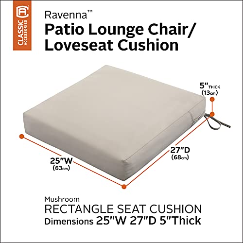 Classic Accessories Ravenna Water-Resistant Patio Lounge Chair/Loveseat Cushion, 25 X 27 X 5 Inch, Mushroom, Rectangle Outdoor Seat Cushion #TOP2