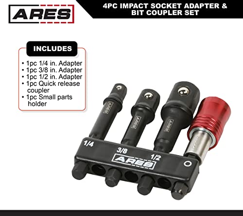 Ares 22032 – 4-Piece Impact Grade Socket Adapter And Bit Coupler Set - Turns Impact Drill Driver Into High Speed Socket Driver - 1/4-Inch, 3/8-Inch, And 1/2-Inch Drive – Quick Release Bit Coupler #TOP1