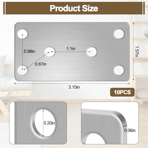 Flachverbinder Edelstahl, 10 Stück Metall Lochplatte Holzverbinder, Flachwinkel für Verbinder, Edelstahl Holzbau Verbindungsblech, Silber Verzinkt (80 x 40 x 1.6 mm)