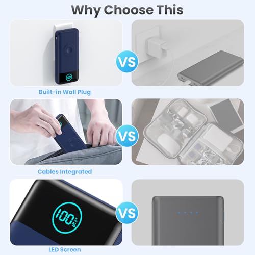 Image of Portable Charger for iPhone with Built-in Cables and AC Wall Plug,26800mah Fast Charging USB C Power Bank,25W PD Travel Essential Battery Pack for iPhone 17 /16 /15 /14 /13,Galaxy,Apple Watch (Blue)