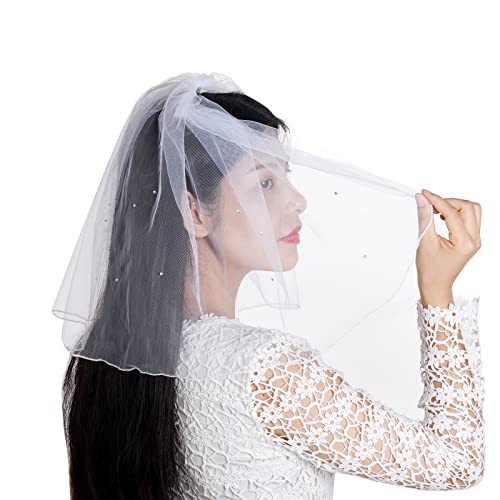 Bridal Wedding Veil Girls First Communion Veil Women's Short Lace Veil With Rhinestone Comb Tulle For Bachelorette Party (White) #TOP27