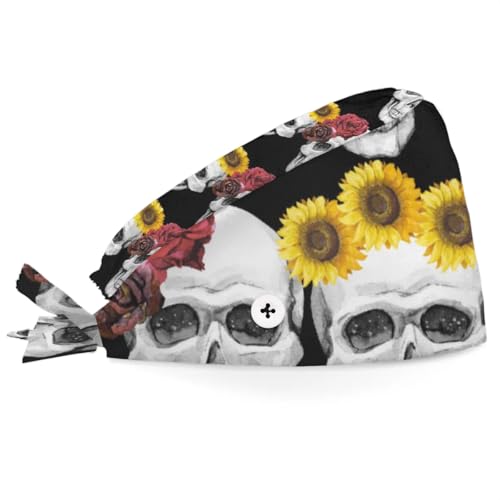 Mularoka Rose Sunflower Skulls Working Caps with Button Sweatband Comfortable Adjustable Bouffant Hats Work Hat for Women Men