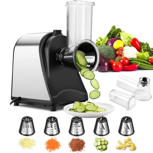 Meykey Cortador eléctrico de verduras de acero inoxidable, 250 W Rallador Eléctrico de Verduras y Fruta, cortador eléctrico de verduras, cortador eléctrico de verduras, 5 cuchillas cónicas YF002
