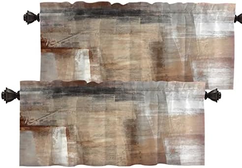 Batmerry Brown Abstract Art Valance Curtains, Beige Painting Window Treatment Kitchen Valances Multilayer Polyester Blackout for Living Room/Bathroom, 2 Pack 52×16 inches