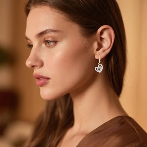 ALEXCRAFT 925 Sterling Silver Heart Leverback Earrings for Women Trendy, Cubic Zirconia Drop Dangle Earrings Jewelry 14K Gold Plated Hypoallergenic Doulbe Love Heart Leverback Dangle Earring3