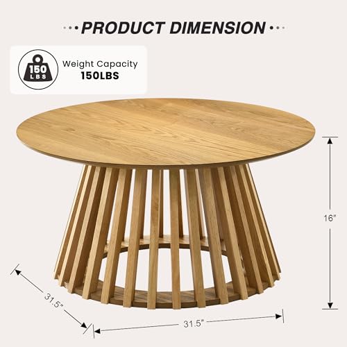 Image of HNY Modern Black Round Coffee Table for Living Room, Mid Century Wood Outdoor 31.5 inch Circle Small Center Table with Fluted Base for Patio, Home Small Space, Bedroom, Apartment, Studio, Natural
