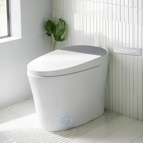 Sanitario inteligente Garvee con bidé incorporado, tapa autoabatible y descarga con sensor de pie, agua tibia instantánea, secador de aire cálido, pantalla LED, sanitario monobloque para baño