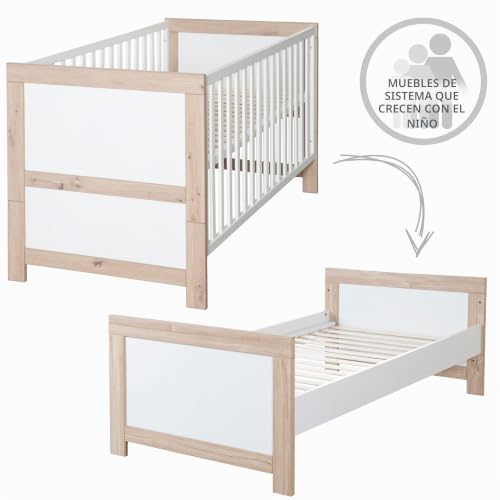 Miniatura 8 de Roba Cuna Malo 70 X 140 Cm Cuna Creciente Altura Regulable Convertible En Cama Junior Madera Lacada De Color Blanco Decoración Roble Sonoma