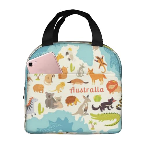断熱ランチバッグ 大容量 防水 熱漏れ防止 スタイリッシュで丈夫 仕事、学校、アウトドア活動に便利 男女兼用 (動物 世界地図 オーストラリア オーストラリアの哺乳類 漫画 幼稚園児 赤ちゃん)