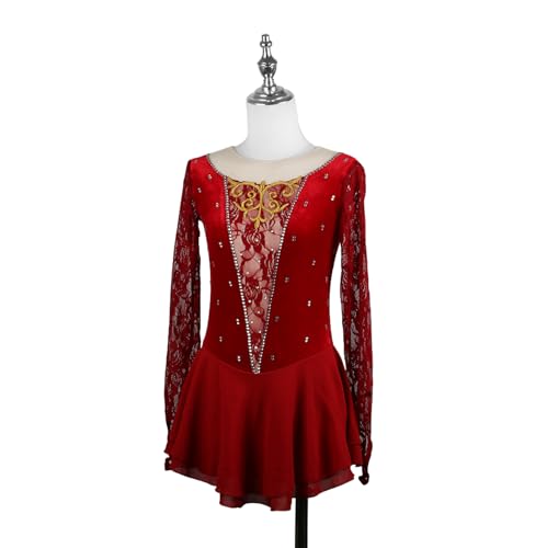 DIJITOO Vestido de patinação artística, temperamento veludo renda strass competição apresentação, co