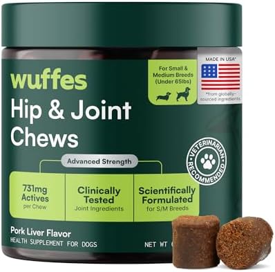 Wuffes Advanced Dog Hip and Joint Supplement with Glucosamine, Chondroitin, Omega 3, MSM, and Green Lipped Mussel, 60 Pork Flavored Chews for Small and Medium Dog Breeds