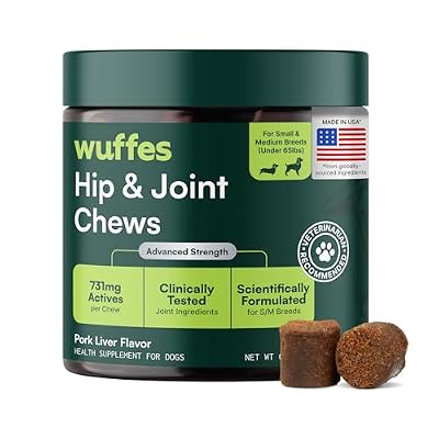 Wuffes Advanced Hip & Joint Chews for Small & Medium Breed Dogs, Vet Recommended, Glucosamine, Chondroitin, MSM, Green-Lipped Mussel & Hyaluronic Acid Supplement, Supports Mobility, 60 Pork Chews