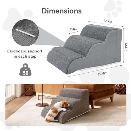 Image of 3-Step Sturdy Foam Dog Stairs with PE Support Board, Cover Removable, Pet Steps for Small to Medium Dogs & Cats, 13''H Dog Step for Sofa, Chair, or Stairs