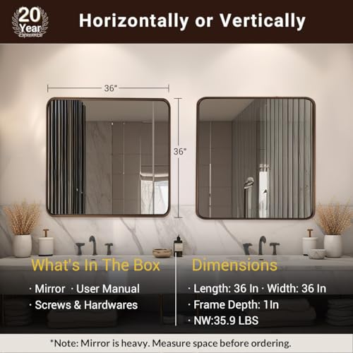 Image of ANDY STAR 36x36 Inch Bronze Bathroom Mirror, Rounded Square Oil Rubbed Bronze Mirrors for Bathroom,Tube Metal Framed, 1'' Deep Wall Mounted Vertically /Horizontal