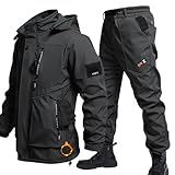 [ｉｎｏｔｅｎｋａ] アウトドアジャケット 上下セット メンズ 厚手 登山服 防寒着 360°体温循環 ハイキングジャケット フード付き 裏起毛 撥水 防風 スキーウェア マウンテンパーカー トレッキングパンツ 作業着 春秋冬 保温 (XL ブラック)