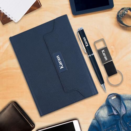 Image of Giftana 3 in 1 Personalized Diary with Pen and Keychain Gift Set for Men and Women, Customized Leather Texture Folding Notebook Diary Set, Diwali Gift, Corporate Gifts for Employee- Black,192 Pages