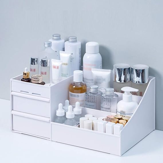 Image of Generic Modern Rectangular White Cosmetic Storage Box with Drawers, Desktop Makeup Organizer for Women