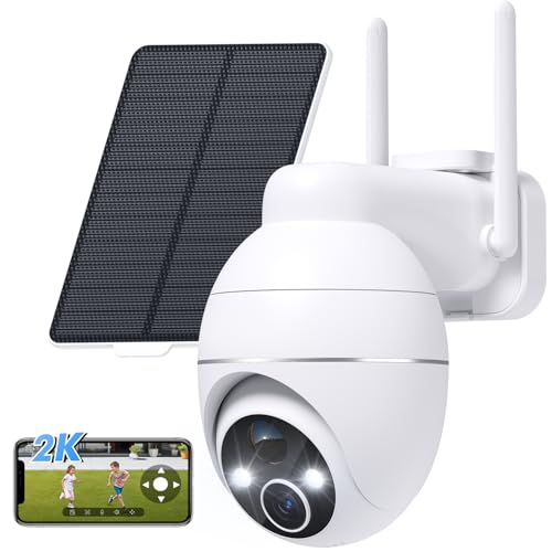 YESKAMOU Telecamera Wi-Fi Esterno, 2K Videocamera Sorveglianza con pannello solare, 360° PTZ Telecamera Wifi Esterno Senza Fili con Batteria, Visione Notturna a Colori, 2.4GHz, Supporta Alexa (3mp)