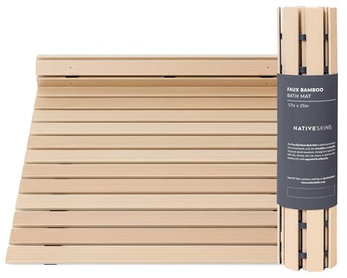 NativeSkins Faux Bamboo Shower Mat (Beige), Non-Slip Safety Lining, Waterproof,