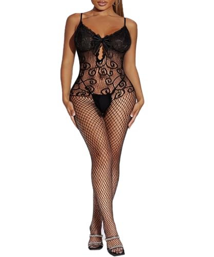 XIUSEMY Netz Bodystocking Sexy Dessous für Damen Fischernetz Catsuit Nachtwäsche Netz-Badydoll(XKHD-schwarz)