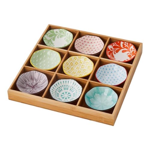 【Zeusom】お皿 和風小皿セット 竹トレイ 小鉢 前菜皿 盛り鉢 醤油皿 ソース皿 和食器 陶器 セラミック 天然木 深型 仕切り付き 9 点セット 使いやすい 多用途 アイスクリーム 火鍋 焼肉屋 寿司屋 食洗機 (A)