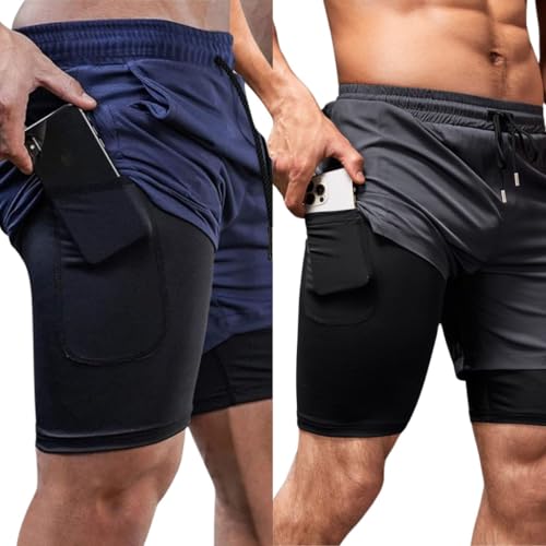 Kit 2 Shorts Masculino 2 em 1 Academia Fitness Corrida Musculação beach Tecido Dryfit Com Elastano F