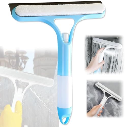 Shower Squeegee for Glass Doors, 3 in 1 Squeegee for Shower Glass with Spray, Scrubber and Shower Squeegee for Glass Doors, Mirrors, Car and Home, All-Purpose Window Cleaner Tool (Blue)