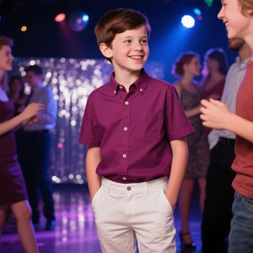 Boys Linen Shirt for Kids Summer Beach Short Sleeve Button-Down Dress Shirts with Chest Pocket Teens Casual Tops3