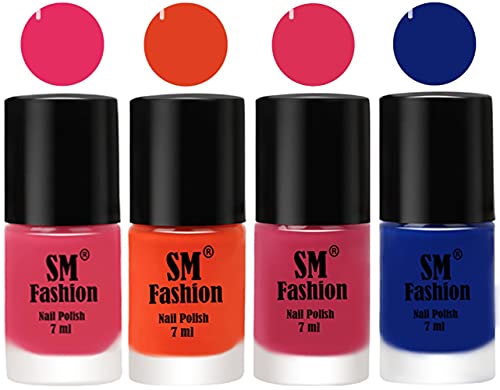Image of Nail Polish Combo Set (Pack of 4) Quick Dry Gel Finish Nail Paint | Dark Rose Pink,Reddish Orange,Dusty Pink,Blue | 7 ml Each