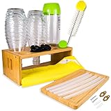 STOVEST® Premium Flaschenhalter für SodaStream aus Bambus mit Flaschenbürste, Mikrofasertuch & Trinkhalme - Abtropfhalter kompatibel mit SodaStream Crystal, Fuse, Emil, Easy, UVM. (3er)