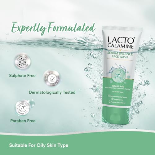 Image of Lacto Calamine Sebum Balance Face Wash| 2% Salicylic Acid, Oat Extract & Goldrella Peptide| Helps reduce acne & soothe irritation| 100 ml